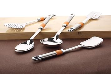 Slings Premium Stainless Steel Cooking Set & Serving Spoon Set with Ladle, 5 Pcs (Orange)