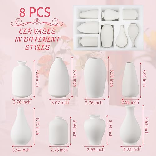 Miniatura 2 de Paquete de 8 jarrones de cerámica blanca, jarrón moderno de cerámica a granel para centros de mesa, pequeño jarrón blanco para flores, hierba de