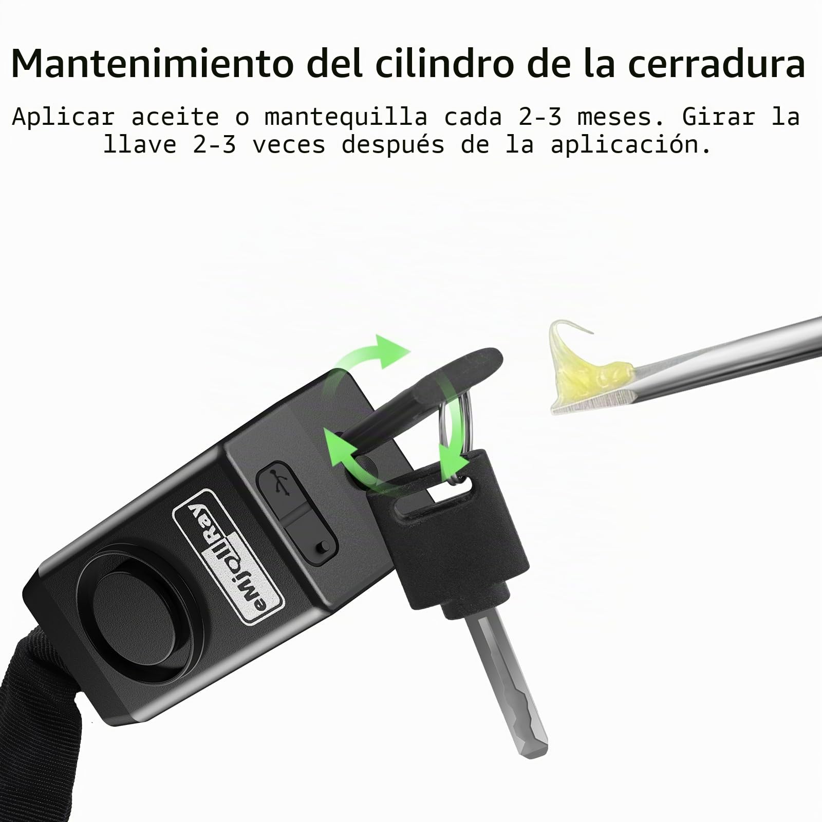 Candado de Bicicleta de 120cm con Alarma de 110dB, Candado de Cadena Antirrobo para Bicicleta Eléctrica, 8mm de Grosor, 2 Mandos a Distancia, 3 Llaves, Cable USB C