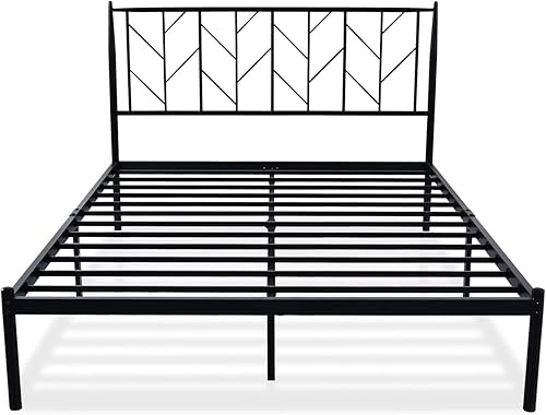 Miniatura 8 de SHA CERLIN Base de cama de metal con cabecera vintage, plataforma resistente con postes redondos, 12 pulgadas debajo de la cama para almacenamiento,