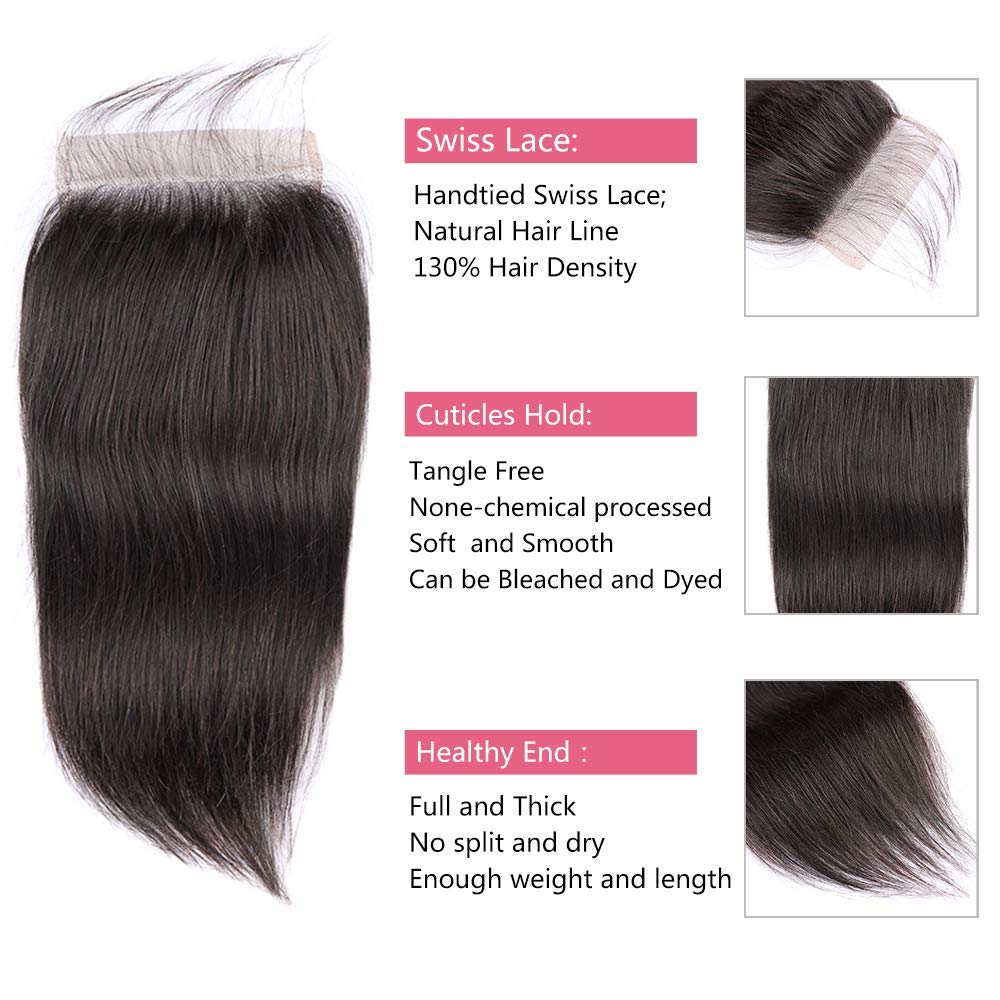 BLISSHAIR 5x5 Lace Closure Straight Human Hair Closure Frontal 100% Brazilian Virgin Hair Closure With Baby Hair Free Part Natural Black Color 14 Inch