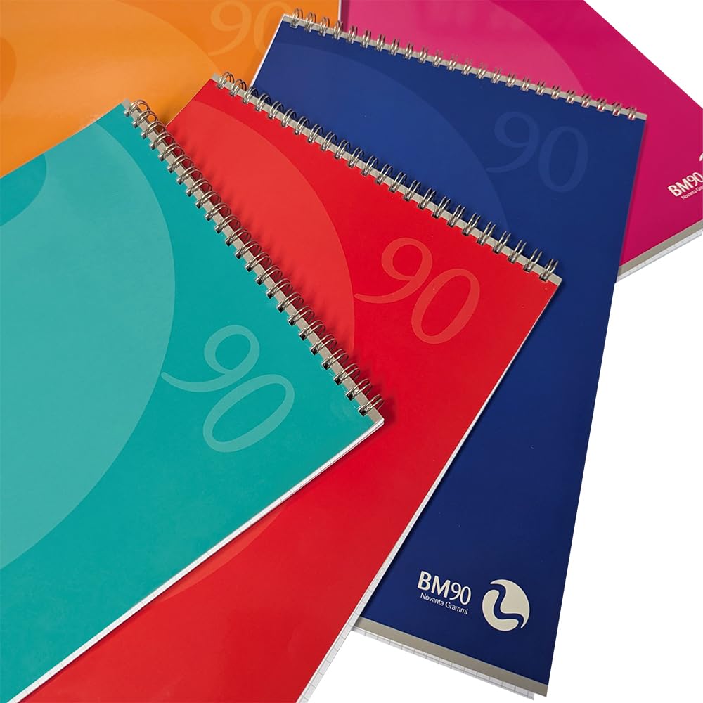 BM BeMore Spiralblock L/C Color 0100208, Spiralblock, kurze Seite, A4, Lineatur 5 mm, kariert 5 mm, Papier 90 g/m², Packung 5 Stück, verschiedene Farben