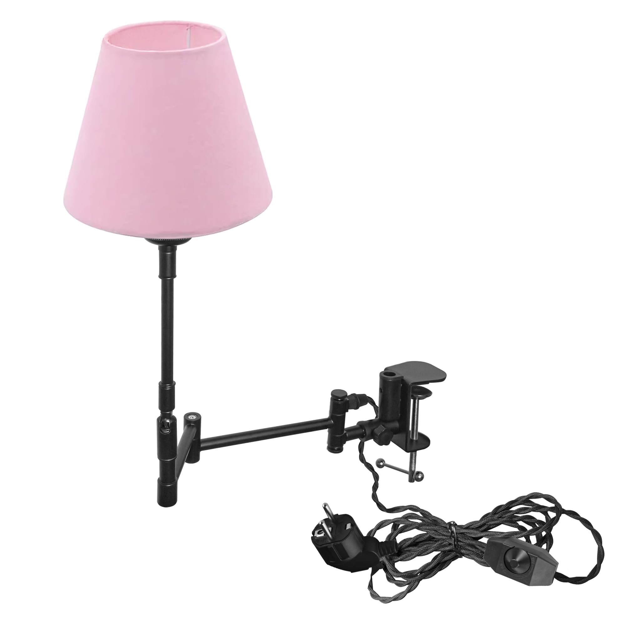 Lampada a morsetto industriale con 2,5 cavi interruttori, clip regolabile su lampada da lettura, lampada da comodino dimmerabile con braccio flessibile per scrivania, comodino, scaffale rosa