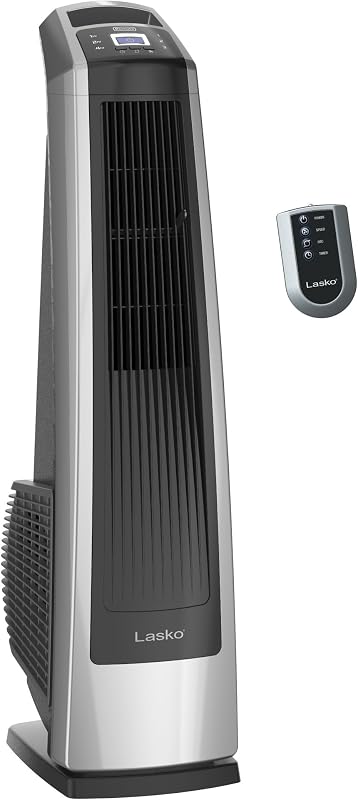 Ventilador de torre oscilante de alta velocidad - 35" - U35115 - Plata/Negro | Control remoto, ventilador de pie silencioso para dormitorio, oficina y hogar, 3 velocidades, potente aire de refrigeración