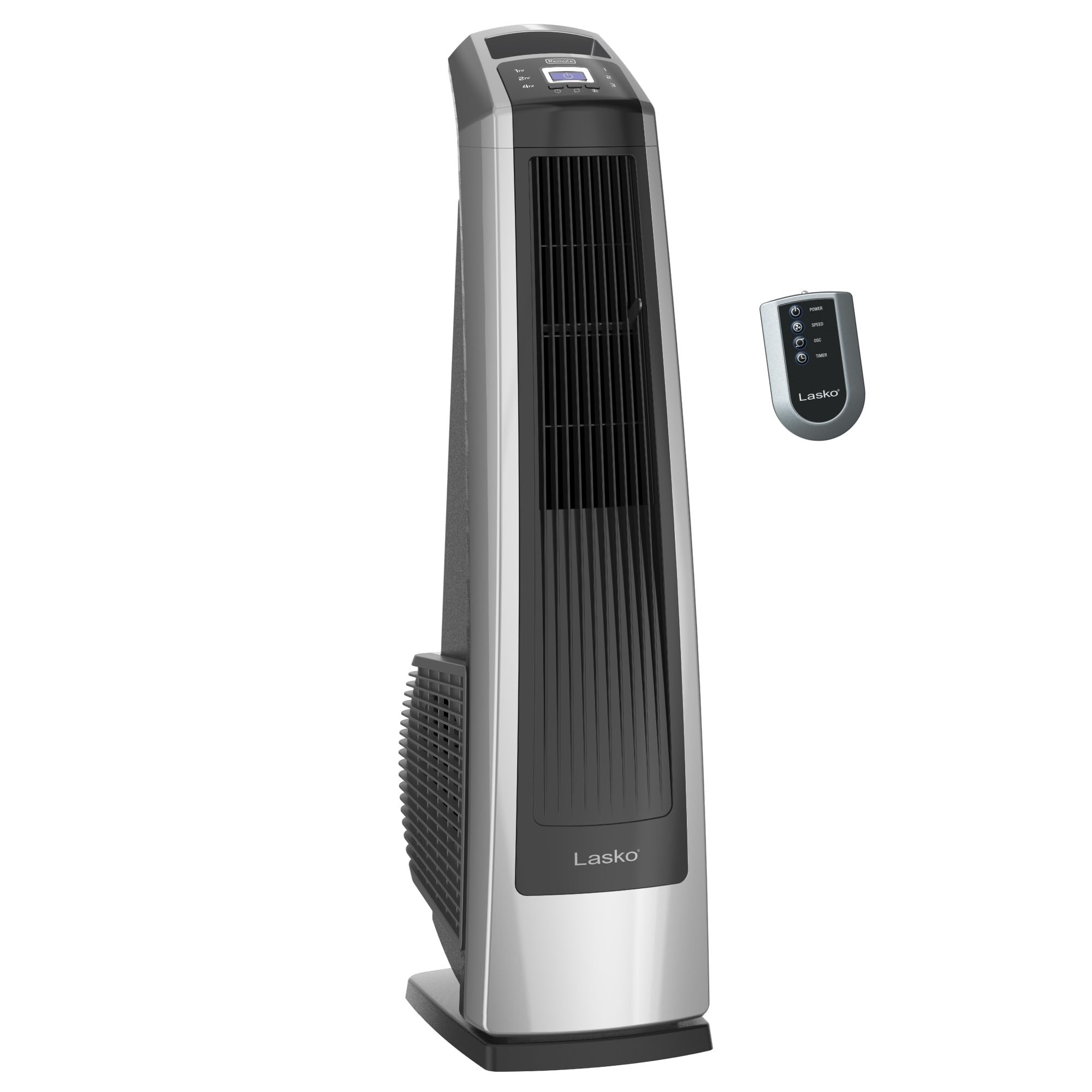 Lasko High Velocity Oscillating Tower Fan for Bedroom, Garage, Basement, and Gym with Remote Control, Timer, 3 Powerful Speeds, 35" Silver/Black, U35115