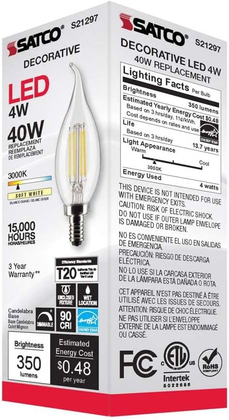 Satco S21297 - LED 4W CA10 Clear Candelabra Bulb, 3000K Warm White, 6 Pack