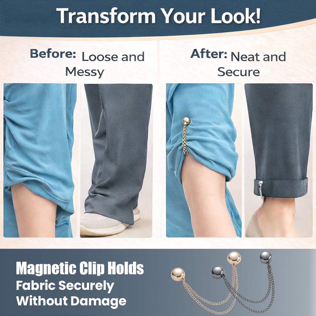 Spille Magnetiche per Vestiti con Catena 6 Pezzi, Fibbie Magnetiche per Gambe Pantaloni, Clip Multifunzione
