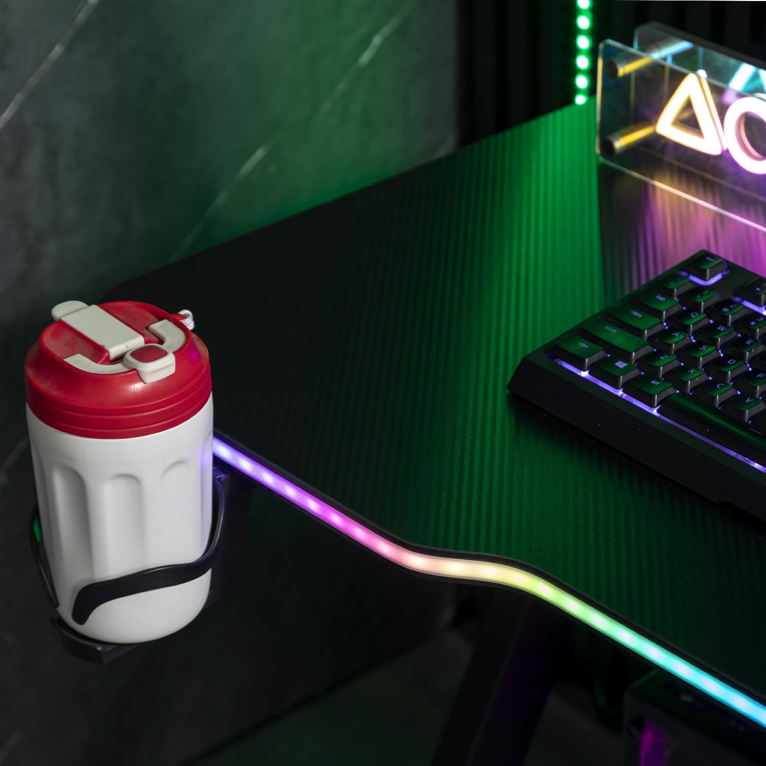 Amstrad DESK120Z-LED-AURORA Bureau Informatique Gamer avec retroéclairage RGB - Largeur 1m20 - Finition Carbone - Télécommande