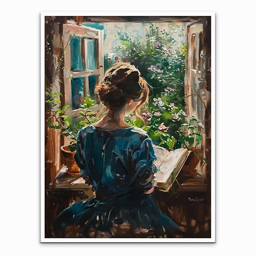 Vintage Woman Reading in the Flower Garden Painting, Reading Portrait Wall Art, Vintage Girl Reading By The Window， Spring Garden Print, Book Lover Wall Decor 11x14in Unframed poster