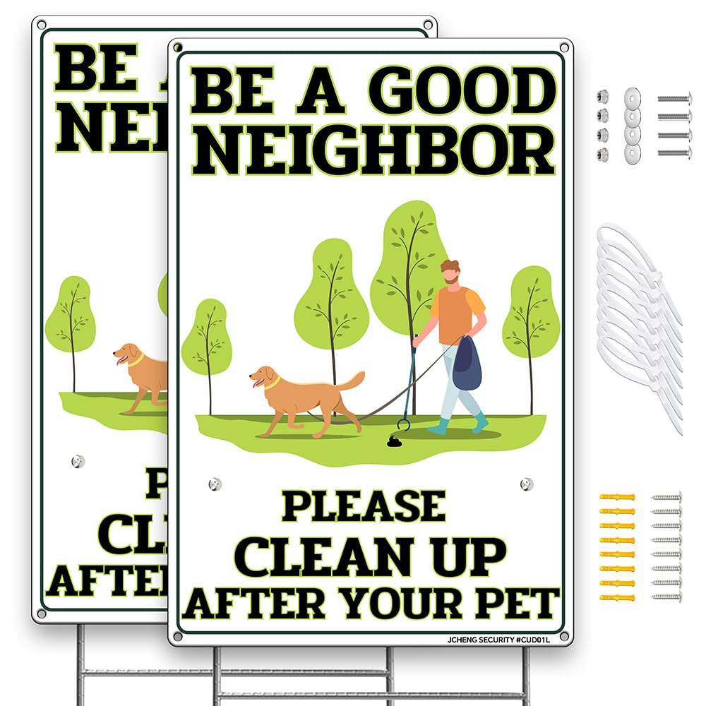 Jcheng Security Silver Dog Sign No Poop Clean Up After Your Dog Aluminum Signs 2Pack 12X8 Inch For Yard Dog Waste Pick Up Reminder With Metal Stake And Mounting Hardware