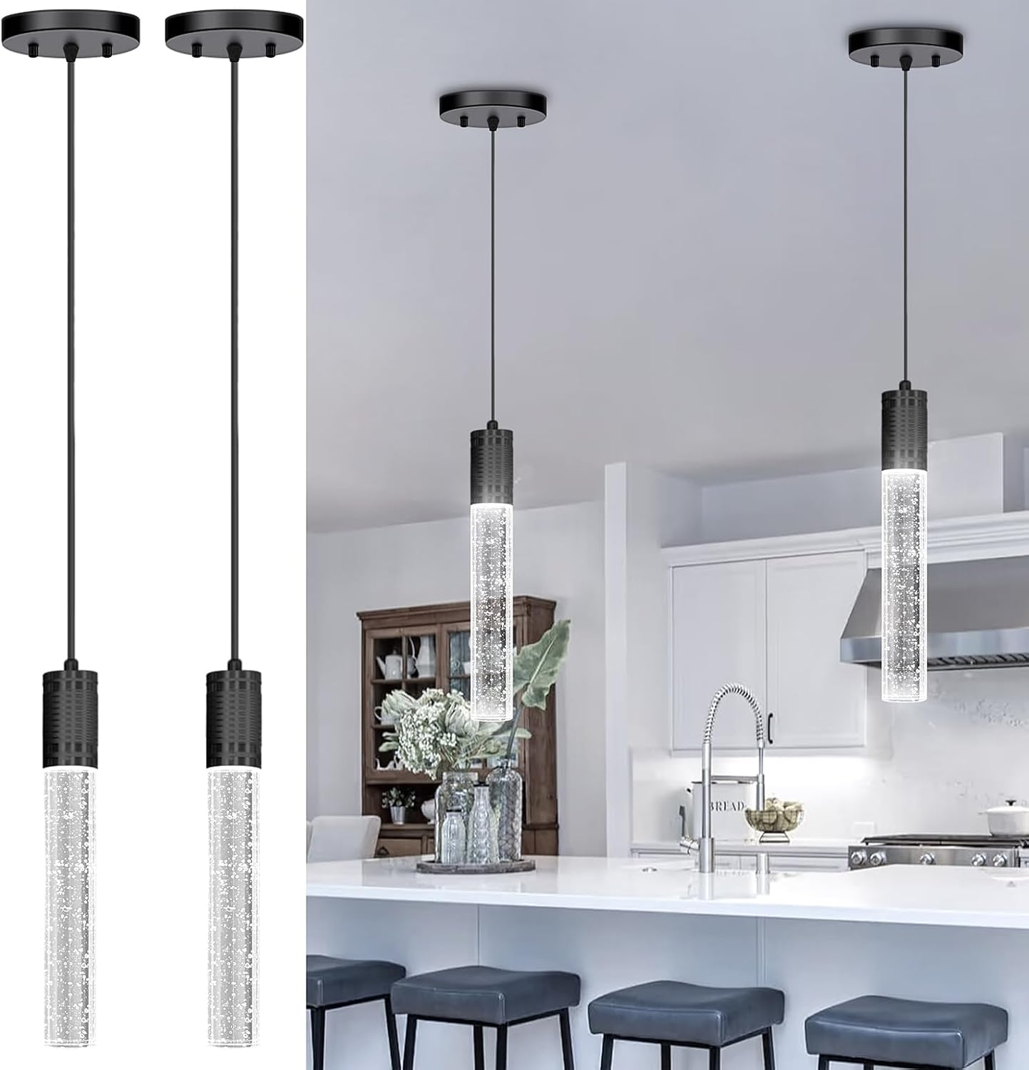 Set of 2 Pendant Lights for Kitchen Island, White Light, Black Crystal Linear Pendant Lighting, Bar Corner LED Light Fixture