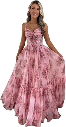Floral Print Prom Dresses for Womens Tiered Ruffle Chiffon Formal Evening Party Gowns