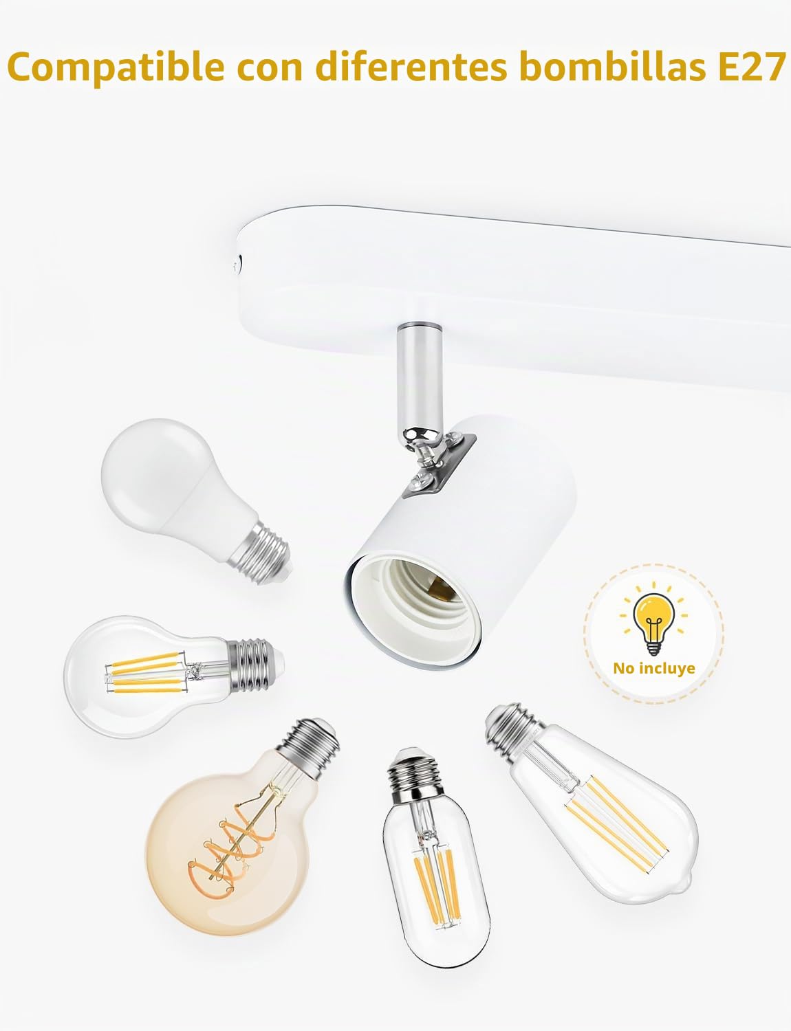 KYOTECH Lámpara de Techo con 4 Focos Blanco, Plafón LED Techo E27 Ajustables y Giratorios, Retro Aplique Pared Bombilla E27 para Interiores Dormitorio Sala Cocina Corredor, Max. 60W, Sin Bombilla
