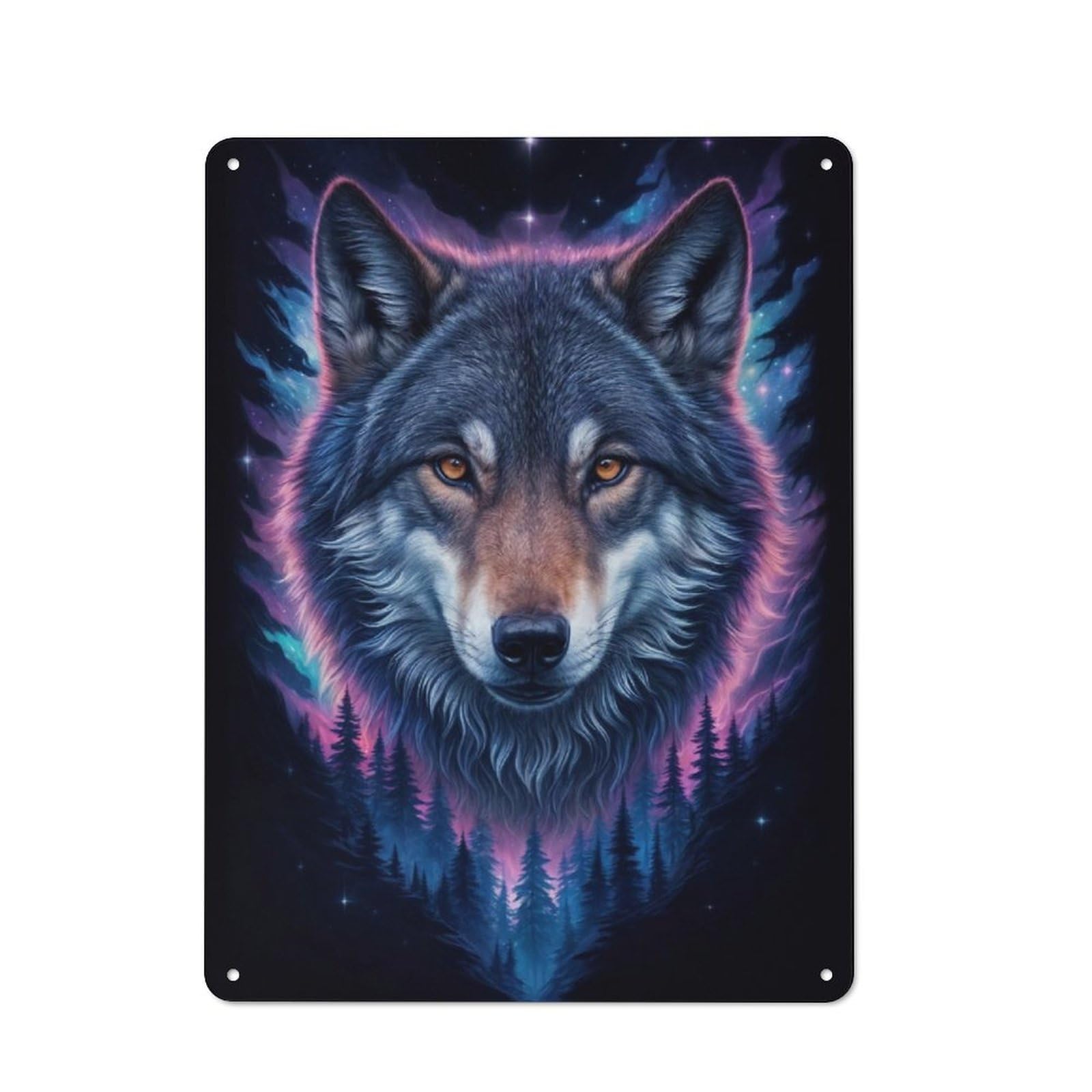 Wolf in The Night Sky Retro-style Tin Wall Plaque 40x30cm for Living Room Wall, A Metal Wall Feature for Living Rooms And Feature Walls