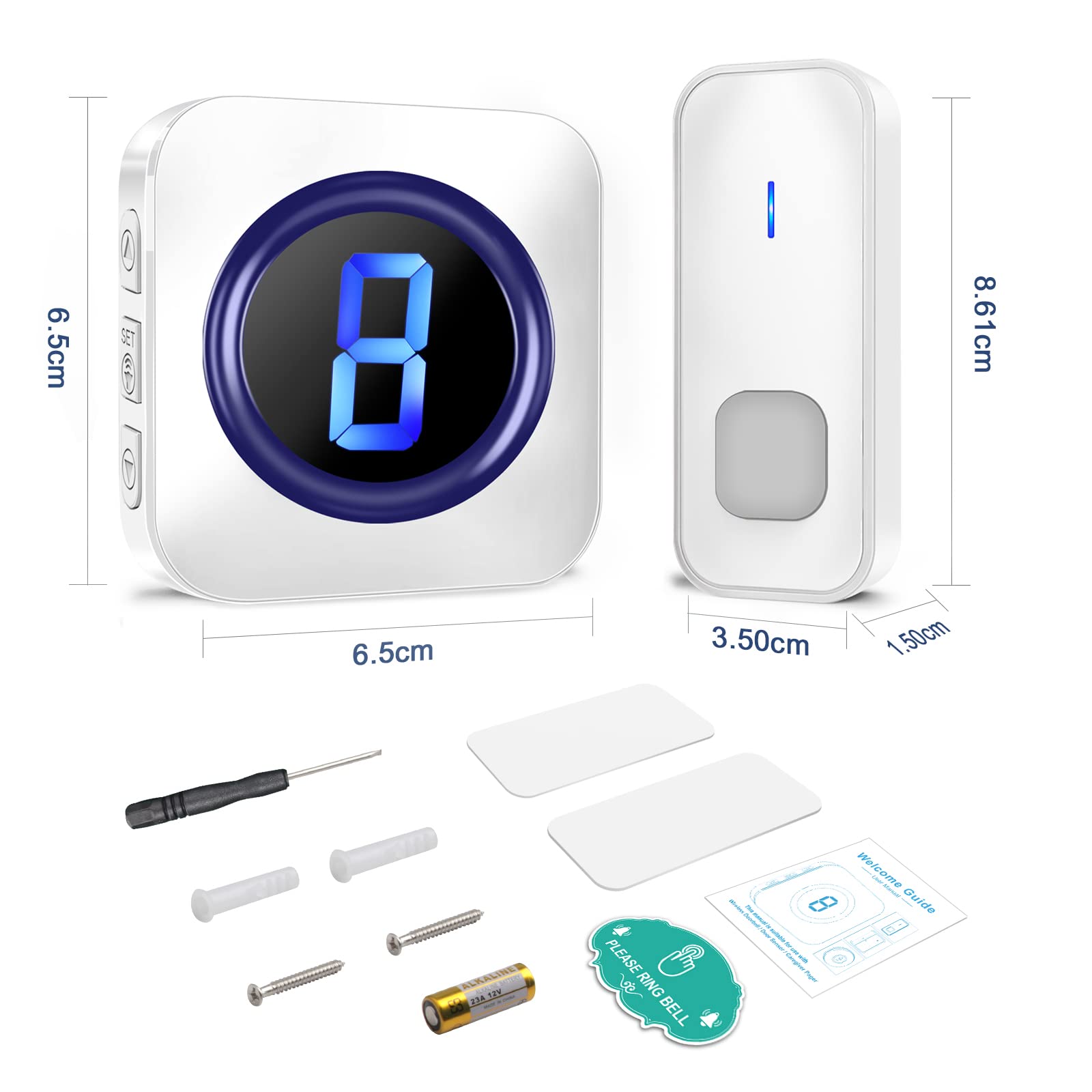 Timbre de puerta inalámbrico impermeable de 1 pie con 3 botones inalámbricos que funcionan con pilas con 55 melodías, 5 niveles de volumen, pantalla digital LED de números para el hogar con 3
