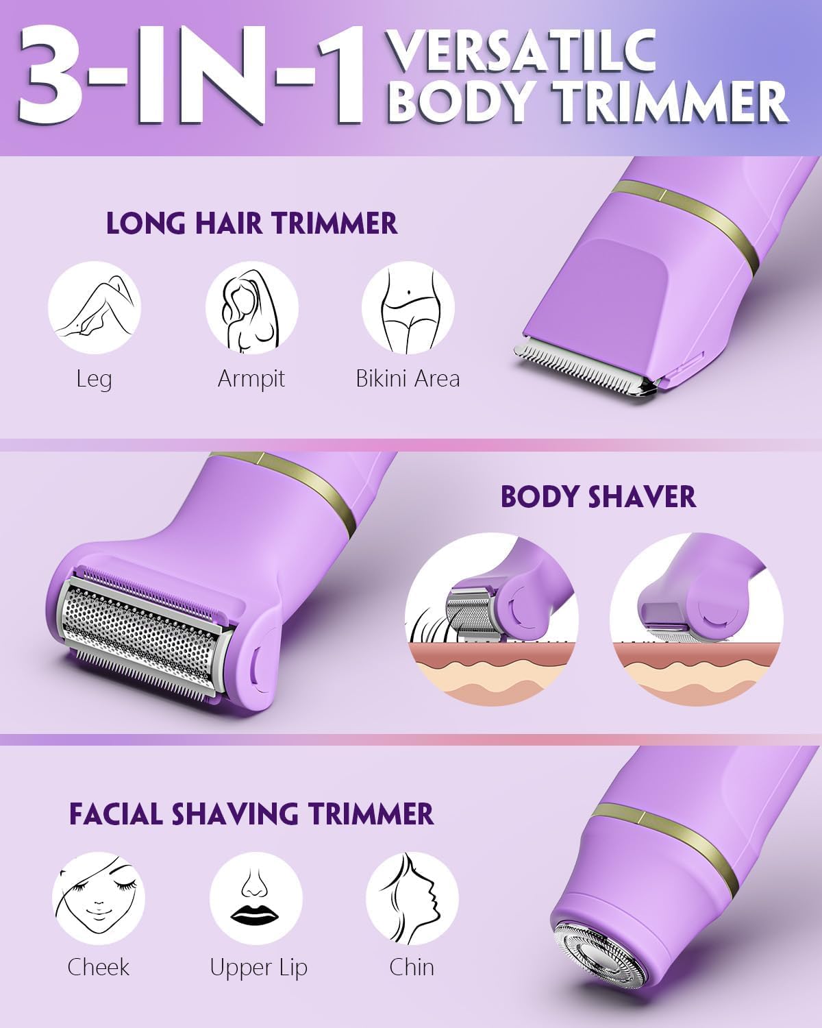 Bikini Trimmer for Women - Painless Electric Razors-Cordless Body Shaver for Trip,Replaceable Lady Facial Razor, IPX7 Waterproof&Easy Cleaning, Ceramic Blade, USB Charge Purple - Image 2