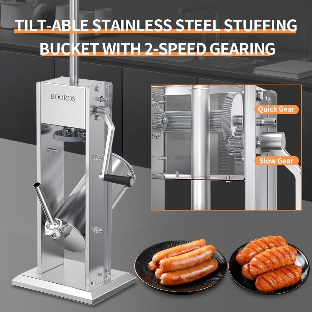 BOOROS Manual Sausage Stuffer 5L/11Lbs Vertical Meat Stuffer,Two Speed Stainless Steel Sausage Maker and Hand Crank Churro Maker Machine with 4 Stuffing Tubes and Cleaning Brush for Kitchen,Restaurant