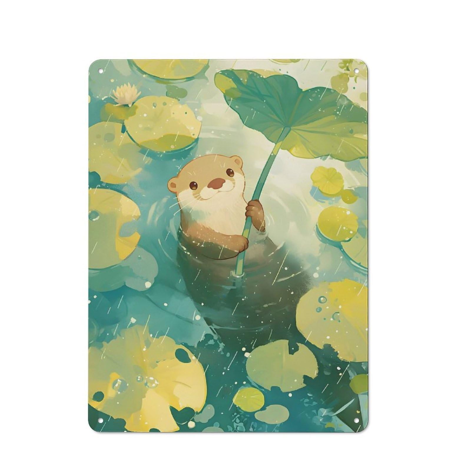 Vintage Otter in The Rain with Lilypad Vintage Metal Sign 40x30cm, Pub Wall Decor for Cafe, Pub, Workshop Or Home Bar