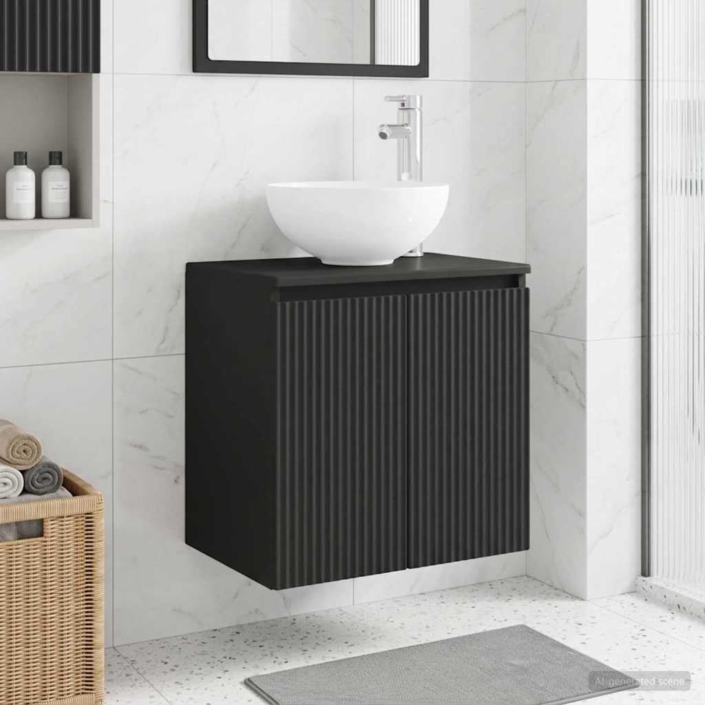Lavabo da parete nero in legno 49,5 x 35 x 63 cm con scarico rapido, vano portaoggetti, montaggio per mobili da bagno ospiti WC e bagno ristrutturazione