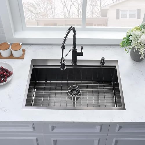 Miniatura 2 de Fregadero de cocina negro, 33 x 19 pulgadas, fregadero de cocina de acero inoxidable negro, cuenco individual profundo de calibre 16 para estación