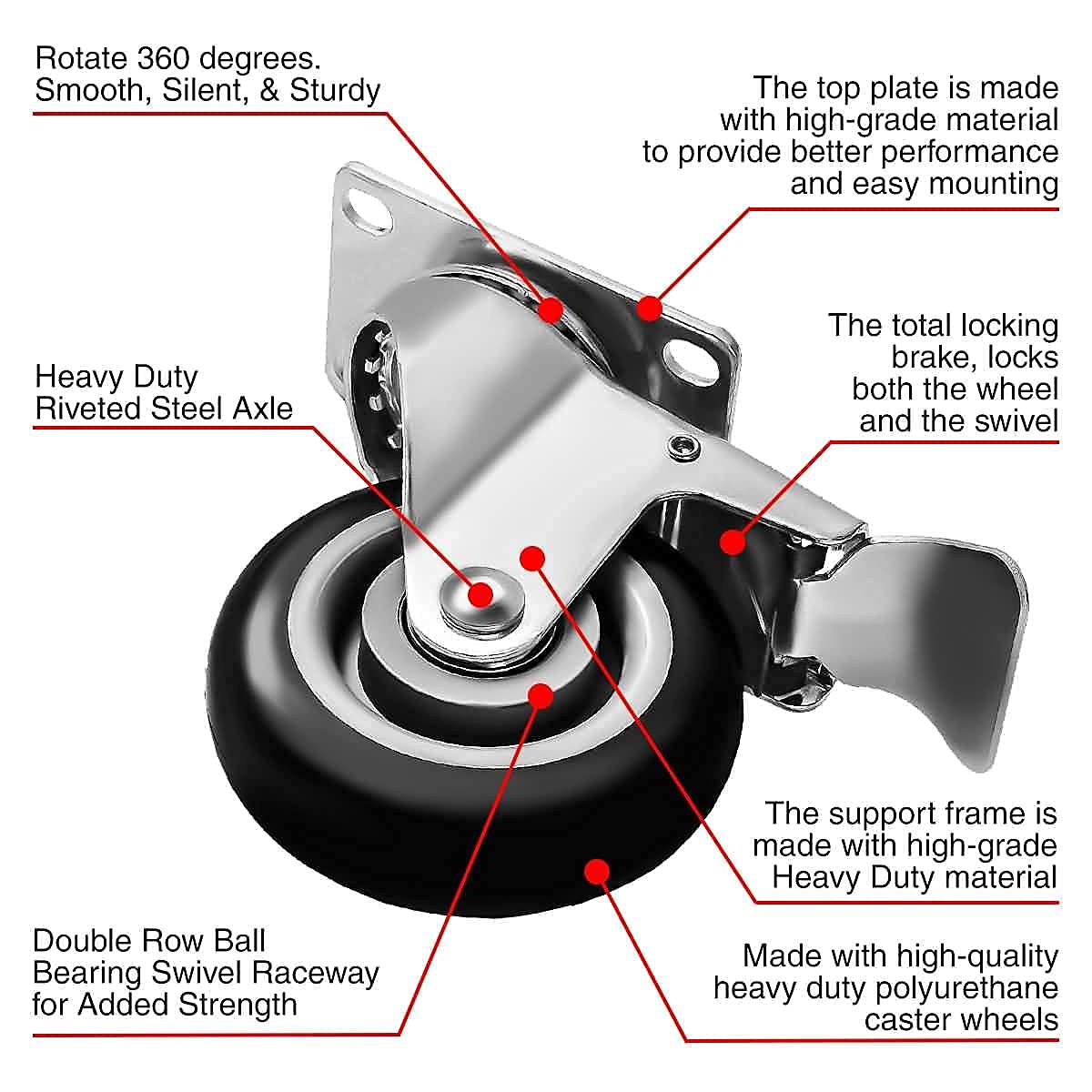 4 Pack Caster Wheels Swivel Plate Brake Casters On Black Polyurethane Wheels (4 inch with Brake)