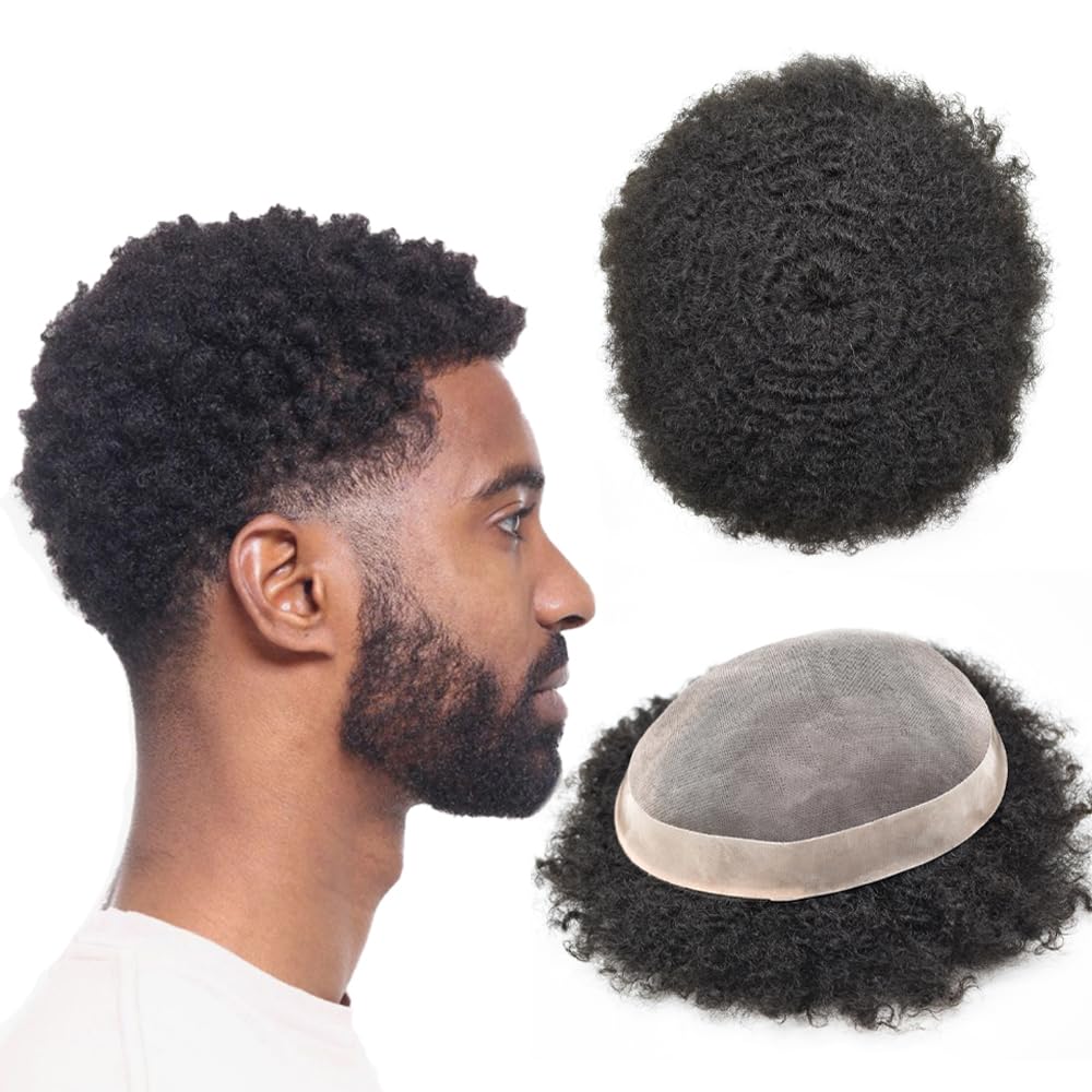 Afro Toupee For Black Men Human Hair Pieces NPU Monofilament Mens Toupee Wave Hair Units For Black Mens Toupee Hair Replacement System For Man8X10 4MM Afro Wave#1 Jet Black