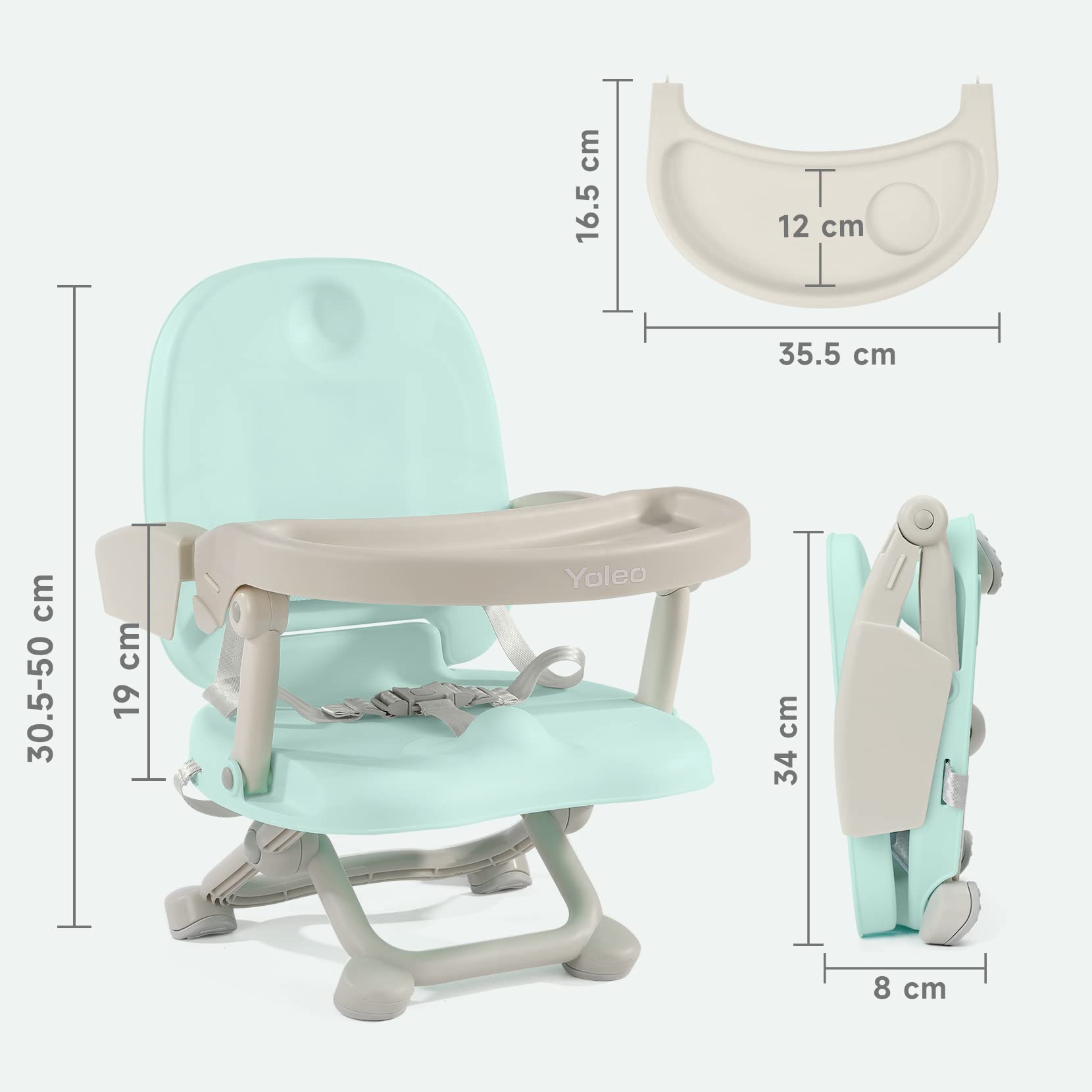 YOLEO Seggiolone Pappa, Portatile Rialzo Sedia Bambini per 6-36 mesi, Seggiolino per Bambini Regolabile con Chiusura Compatta e Vassoio Rimovibile, per uso Interno/Esterno (Verde senza Cuscino)