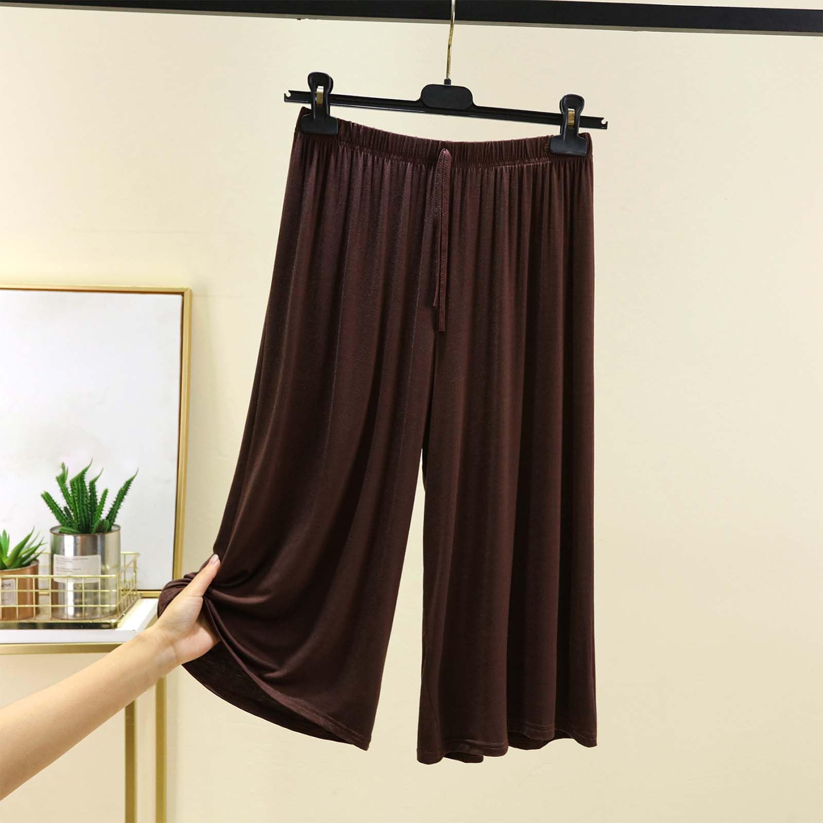 Women's Crop Pajama Pants Fashion Solid Elastic Waist Wide Leg Lounge Capris Comfy Stretch Loose Capri Trouser(Coffee,Medium)