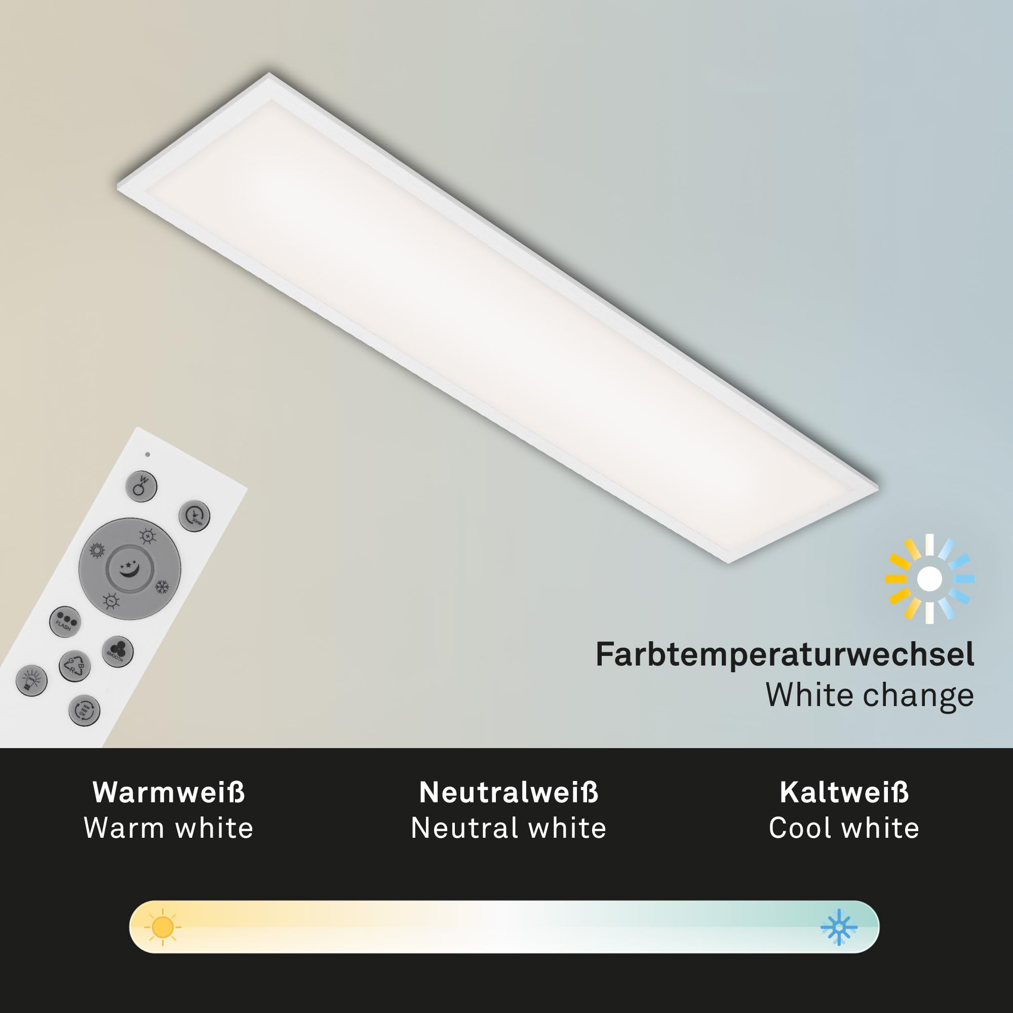 Briloner - Lampada da soffitto LED piatta con telecomando, luce RGB, regolabile da bianco caldo a bianco freddo, plafoniera LED, lampada da soggiorno, pannello LED, cucina, 100x25x6,6 cm, bianco