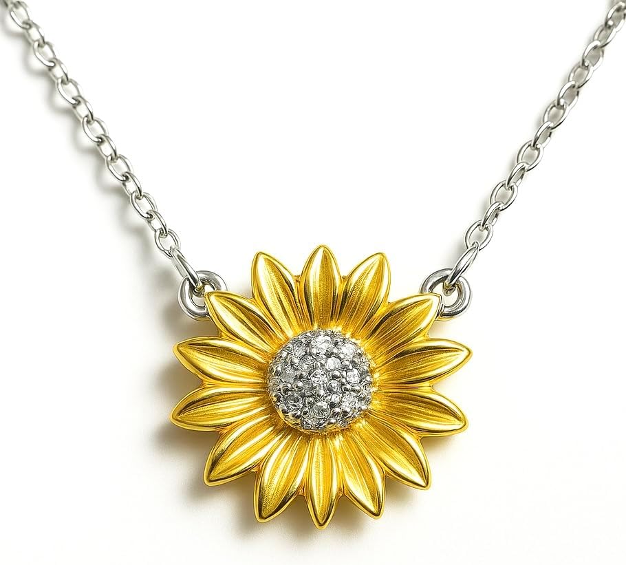 Bolenvi Golden Sunflower Crystal Pendant Necklace, 18K Gold Plated on 925 Sterling Silver, Adjustable 16-22" Chain, Sunflower Necklaces for Women
