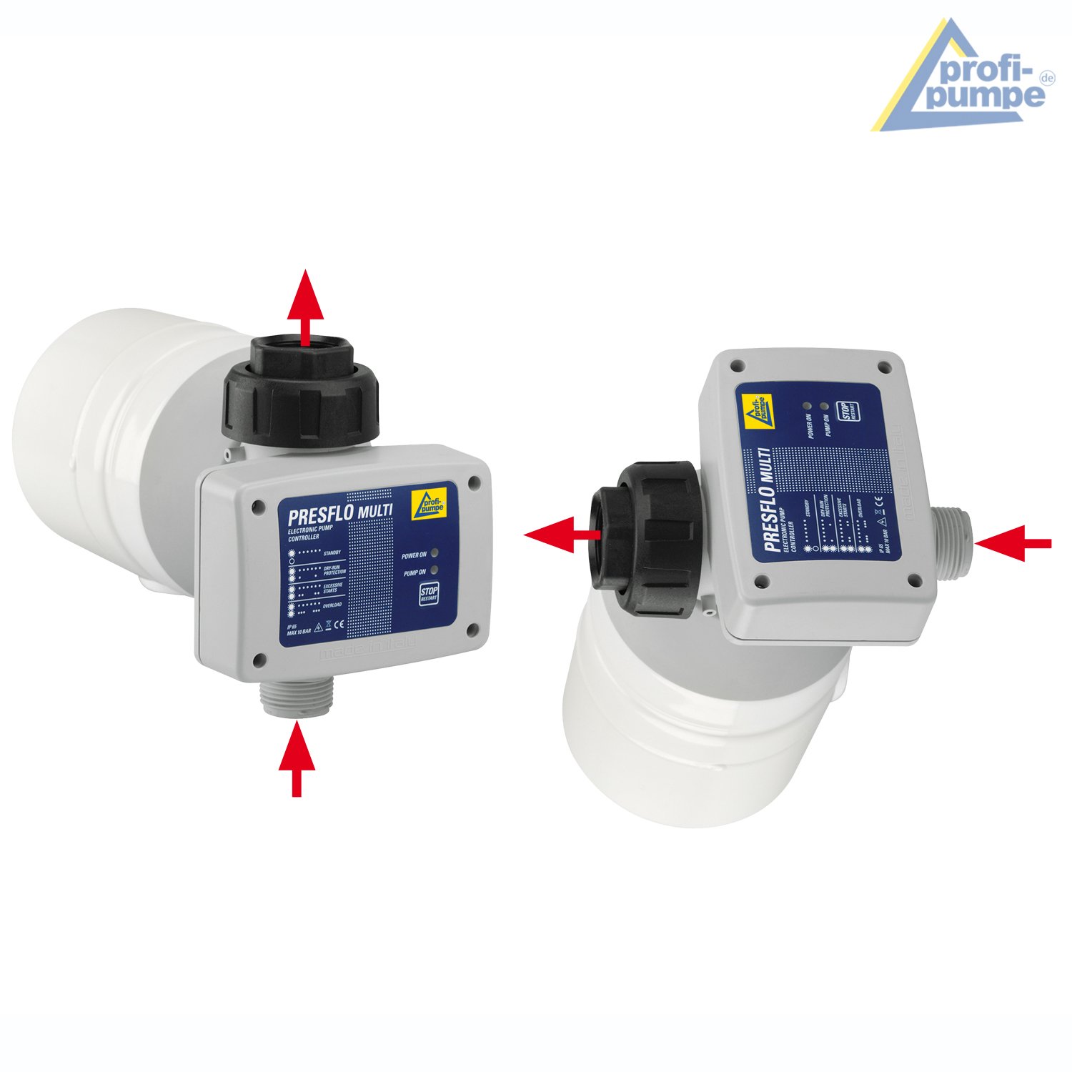 PRESSCONTROL 10 bar PRESSCONTROL AUTOCLAVE TEEPRES® Regolatore di flusso automatico Protezione contro marcia a secco + MONITORAGGIO di PERDITE + ARRESTO di EMERGENZA, VALVOLA DI RITEGNO, MANOMETRO