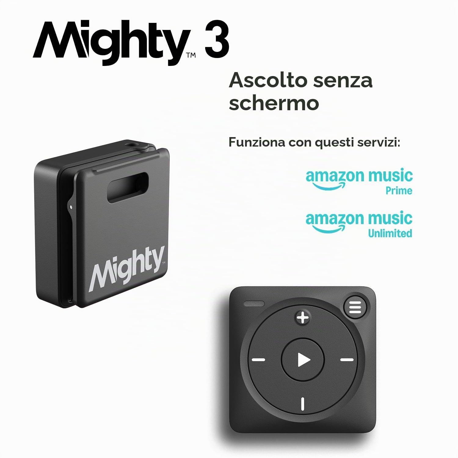 Mighty 3 Amazon Music Player – Musica offline senza schermo per bambini e fitness, cuffie Bluetooth e con filo, non è necessario telefono o Wi-Fi per la riproduzione - Nero