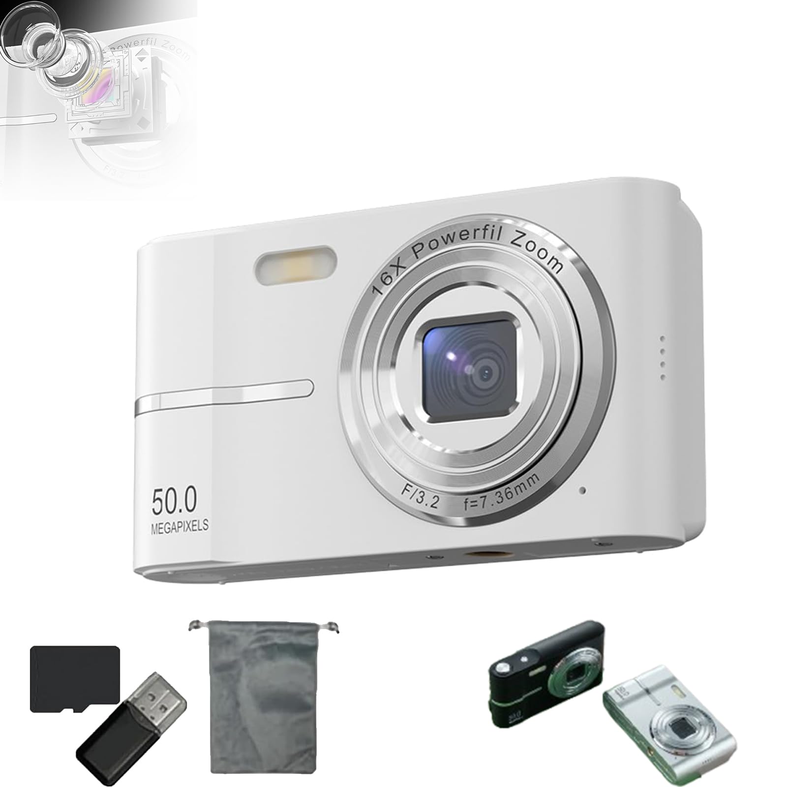 AuraCam - 2000's Aesthetic Digital Camera, 50MP Camera - HD 1080P, 16X Zoom, Anti-Shake, 2.4 Inch LCD Screen, Autofocus, Compact & Portable for Teens & Beginners (White)
