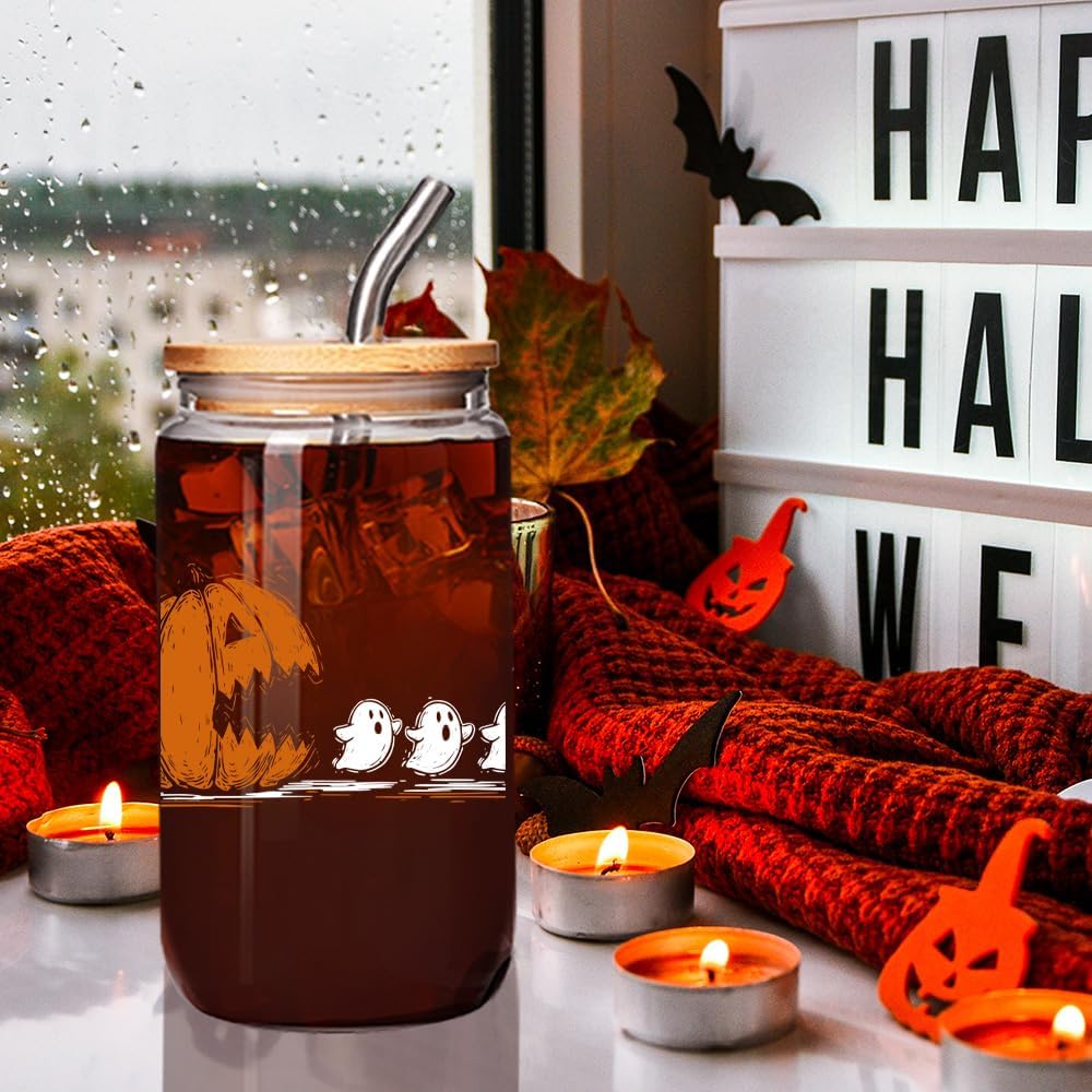 Halloween Pumpkin Ghost Glass Cup - 16oz Pumpkins Fall Coffee w/Lids Straws