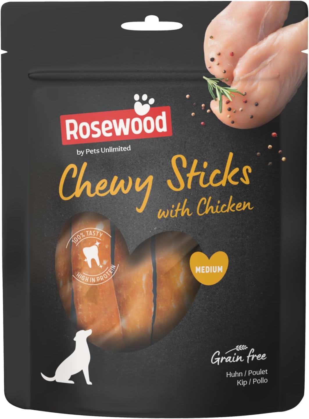 Rosewood Medium Chewy Sticks for Dogs - Made with Chicken, Grain Free Chews, High Protein Dog Treats, By Pets Unlimited (4pc, 100g)