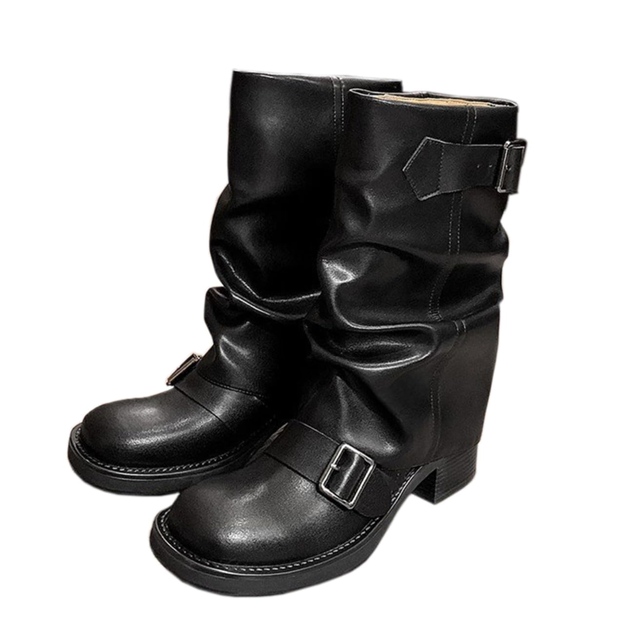 Womens Mid Calf Dress Boots Square Toe Side Zipper Motorcycle Riding Boot with Decorative Belt