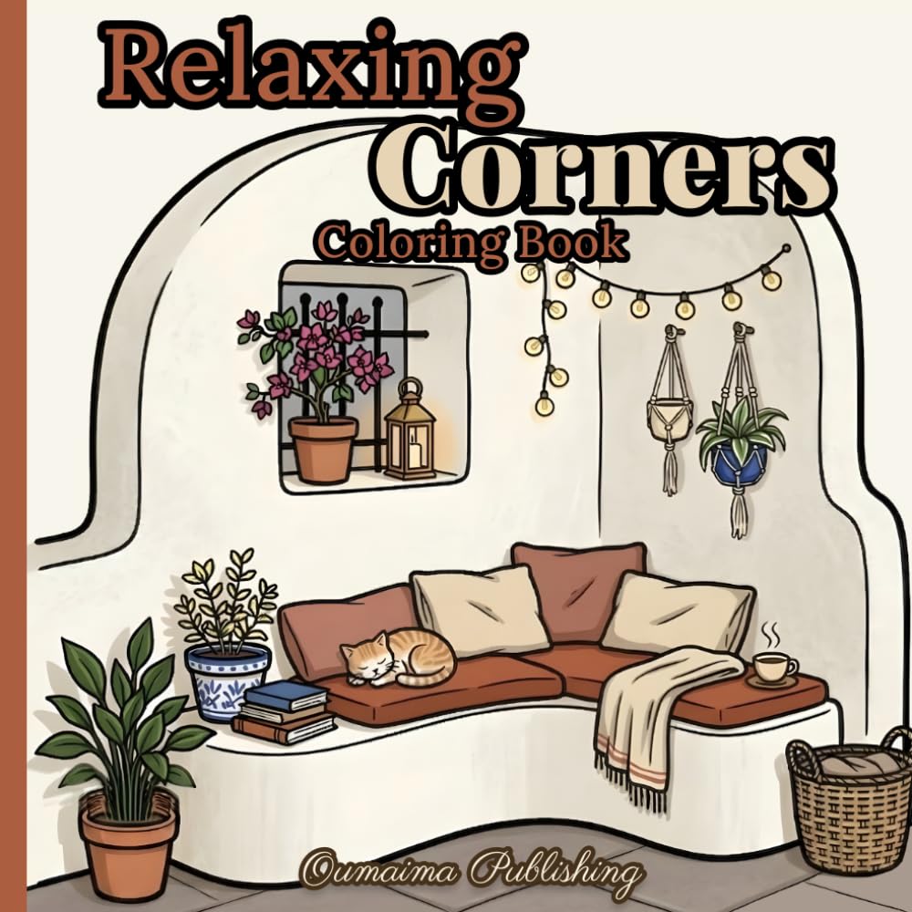 Relaxing Corners Coloring Book: 50 Charming Cozy Corners – A Cute and Relaxing Coloring Book with Bold Line Designs for Adults, Teens, and Beginners