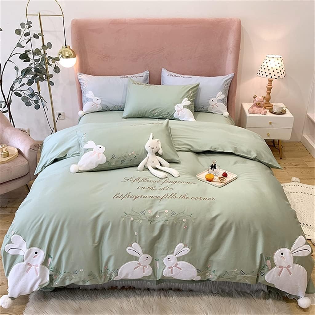 60S Long-Staple Cotton Rabbit Appliqué Embroidered Four-Piece Girl Heart Hair Ball Quilt Cover Pure Cotton Bedding