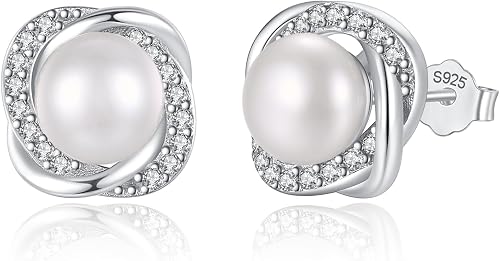 Pearl Earrings for Women Freshwater Cultured Pearl Stud Earrings 925 Sterling Silver Cubic Zirconia Stud Earrings for Mother Her