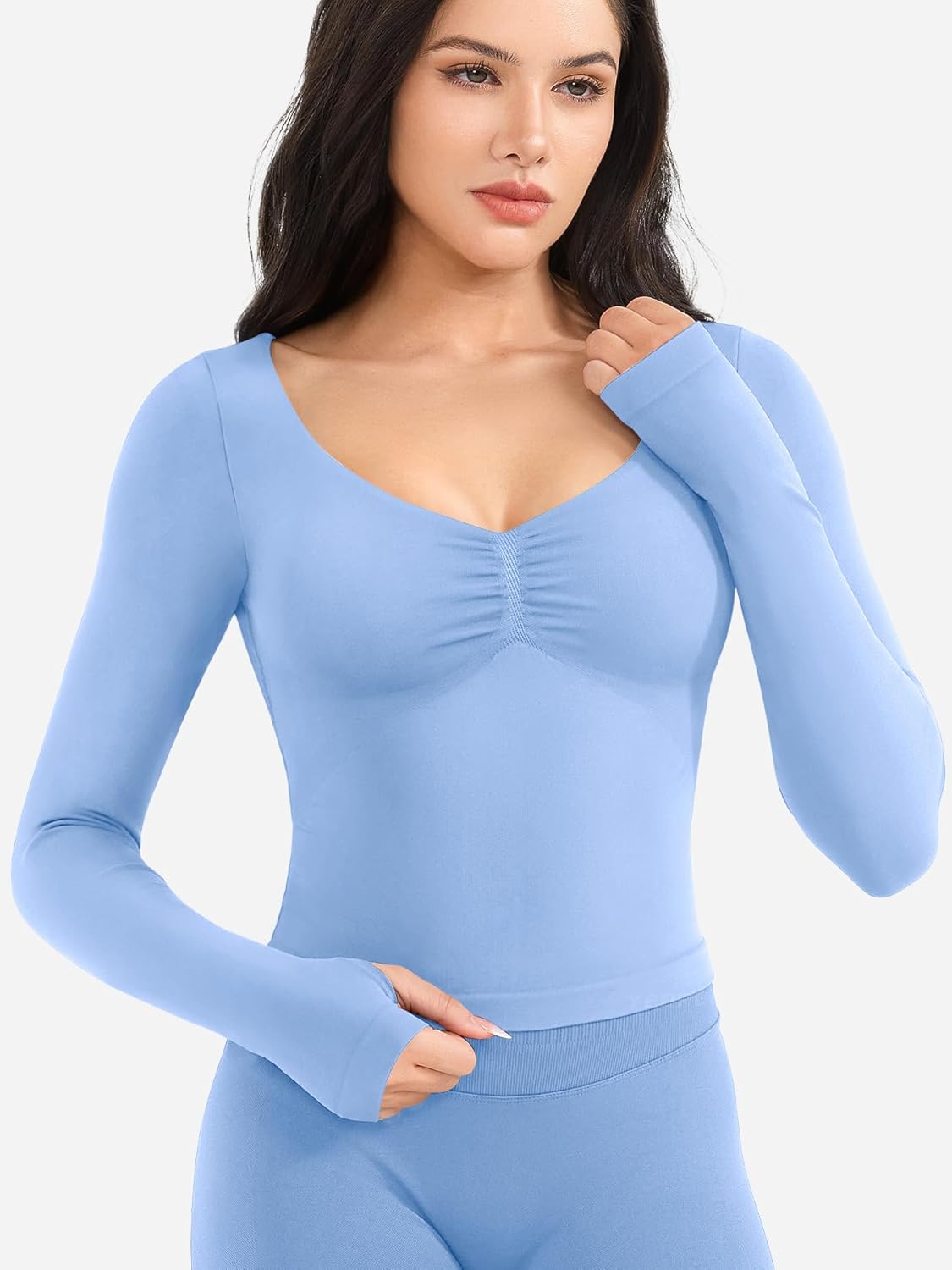 YEOREO Long Sleeve Workout Tops for Women Padded Deep V Neck Double Lined Impact Tops Agniee Slim Fit Gym Athletic Shirts - Image 3