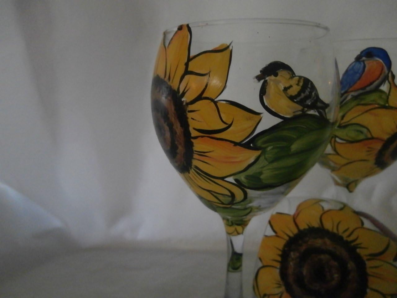 Hand painted sunflower/bird 20 ounce goblets, Usa, set/4. 20 ounce