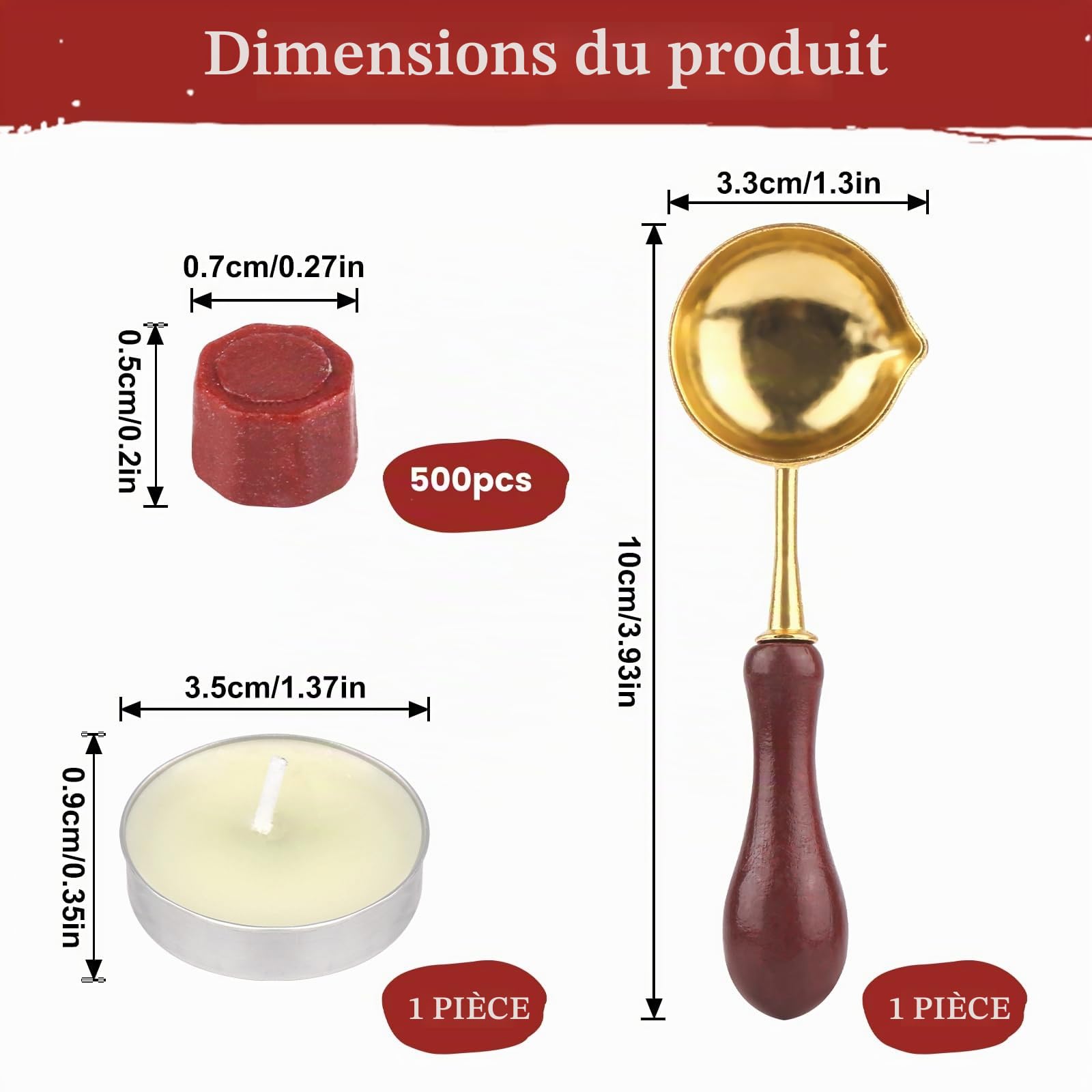 Kit de Sceau de Cire Octogonal Rouge avec 500 Perles de Cire et Cuillère à Fondre