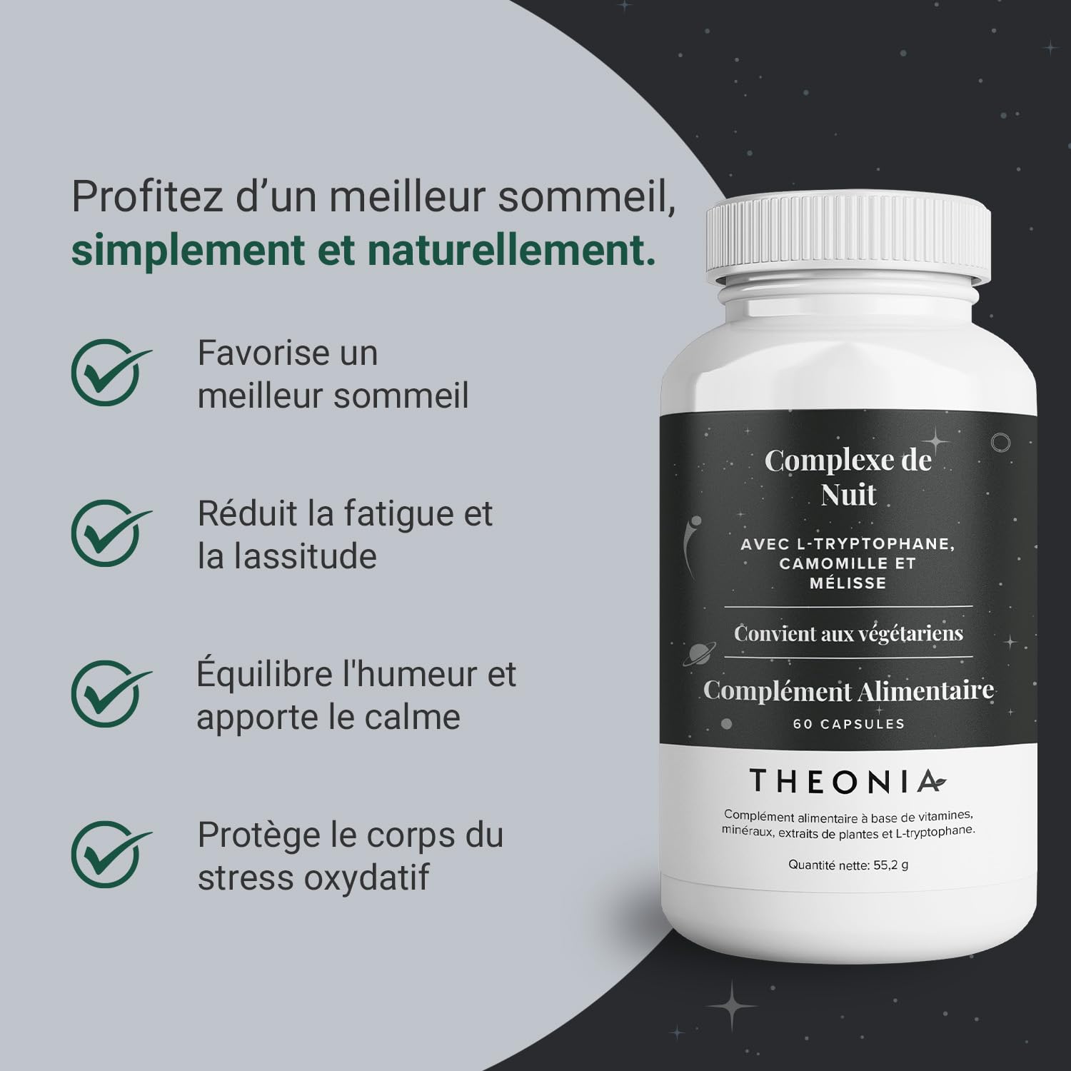 Complexe nuit de Theonia avec 100 mg L-tryptophane, camomille et Mélisse Supplément naturel pour le sommeil et la relaxation - 60 gélules, Sans OGM, Végétarien