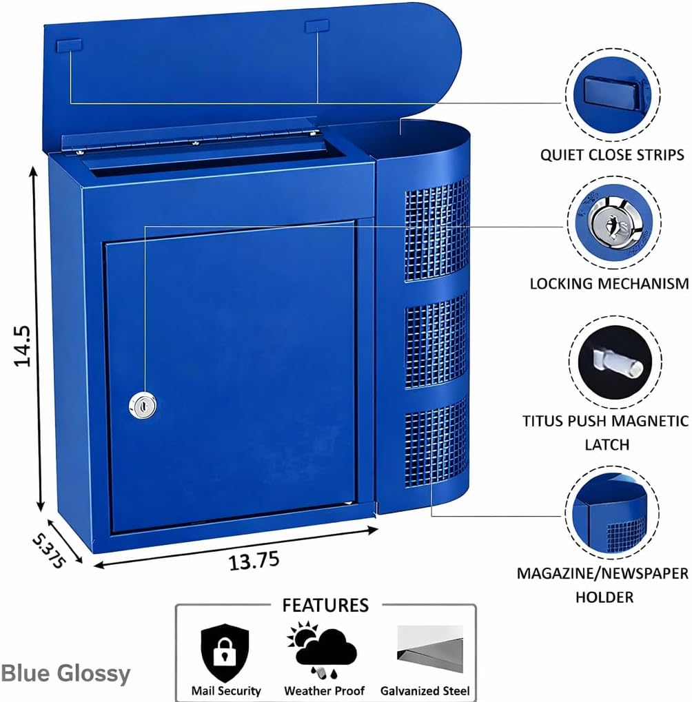 58743 Modern Mailbox Magazine Newspaper Holder, Rust & Weather Proof Steel Design, Vertical Wall Mount - Blue