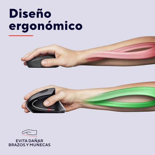 Trust Verto Ratón Vertical, Ratón Ergonómico Inalámbrico 800/1200/1600 dpi, 2.4GHz, Microrreceptor USB, Iluminado, para PC, Ordenador, Laptop, Desktop, Mac, Pilas Incluidas - Negro