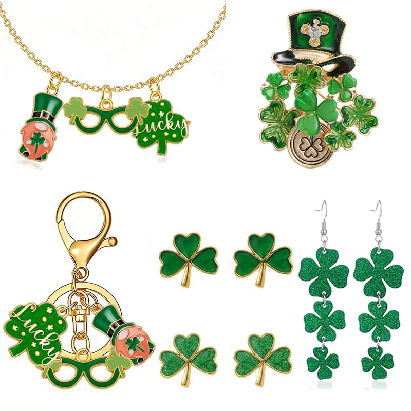Aretes de trébol verde y collar de la buena suerte para lucir en San Patricio