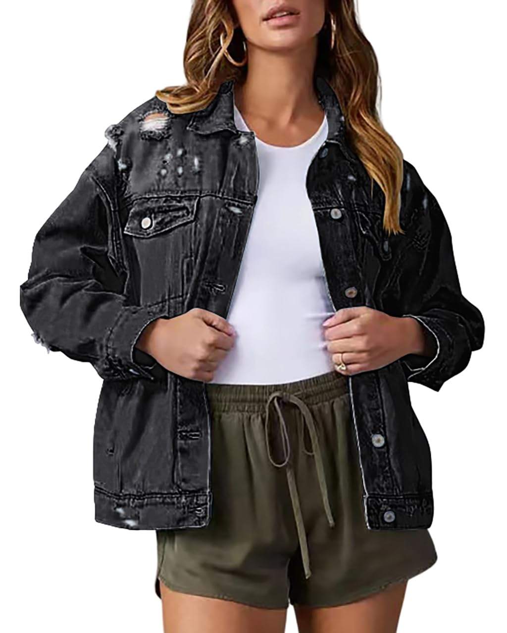 Necooer Denim Jeansjacke Distressed Authentics Damen Jeansjacke