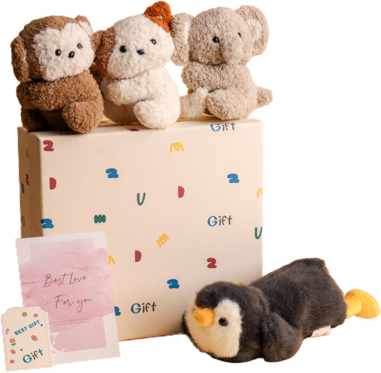 Cute Animal Plush Gift Set-Penguin Wrist Rest & 3 mini Plush Clips(Monkey,Dog,Elephant) Kawaii Cozy Desk Decor for Office, Study, Home,Gift Box Included