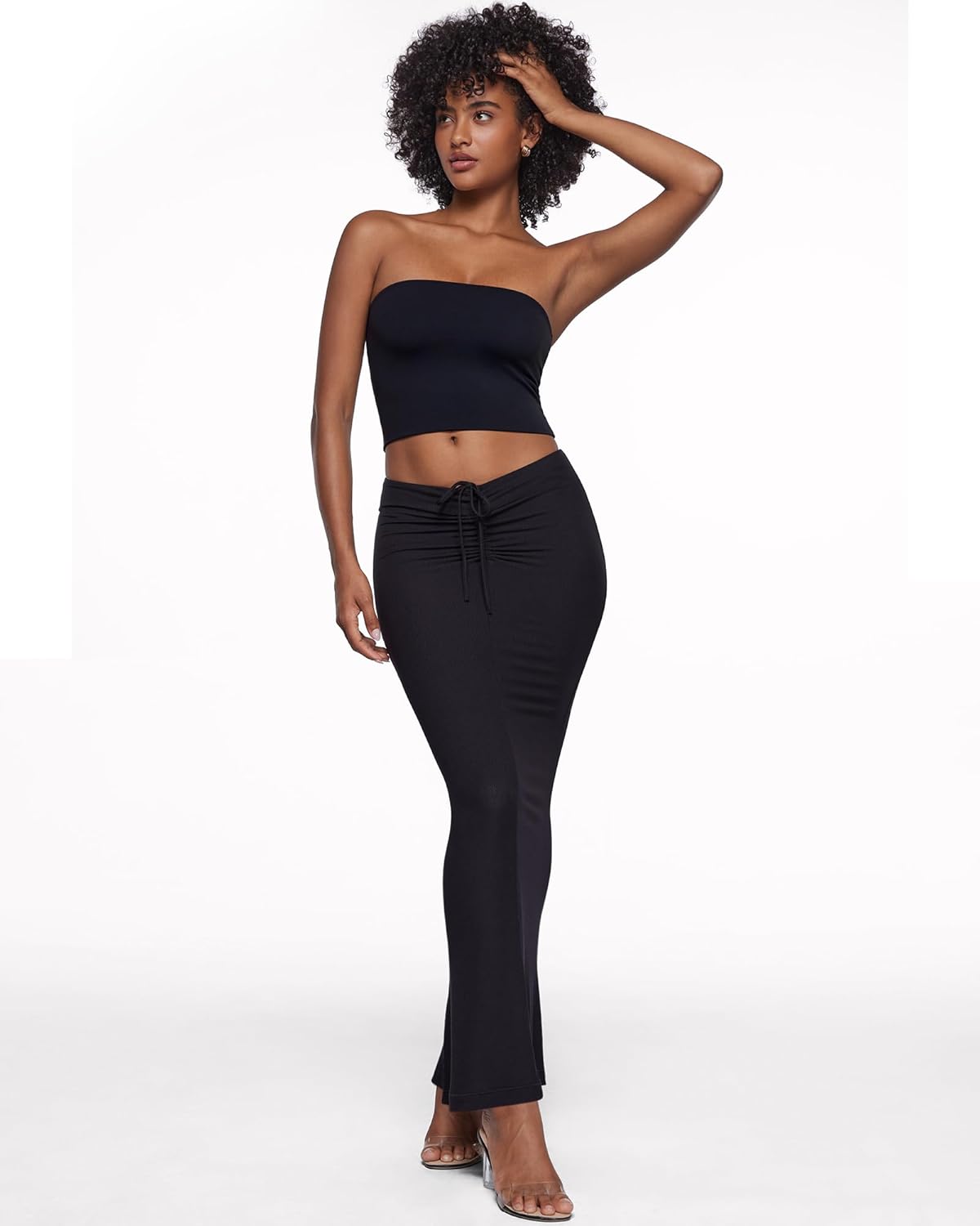 INLYRIC Women's High Waist Long Maxi Skirts Floor Length Stretchy Fitted Ruched Lounge Skirt - Image 4