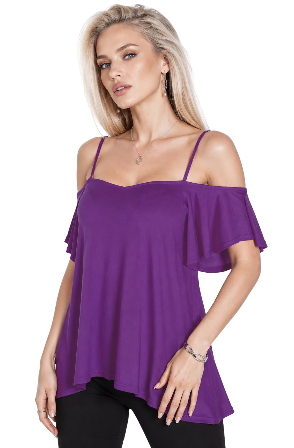 Eyecatch Women's Purple Eye Catch ’S Cold Shoulder Swing Top Uk 8-24 Plus Size | Floaty Frill Sleeve Tunic Blouse | Summer Holiday Evening Top